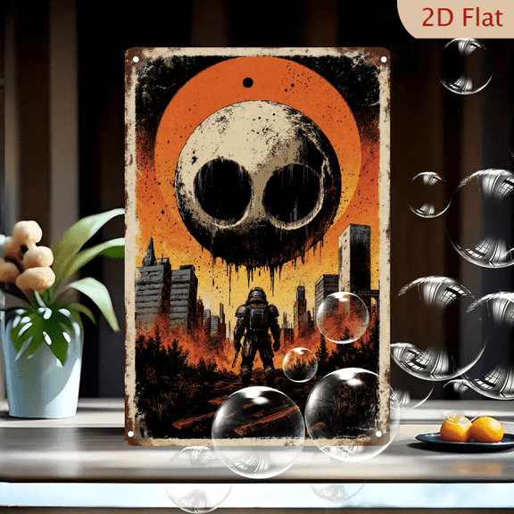 8x12 Inches Retro Post-Apocalyptic Astronaut Skull Moon Metal Wall Art, Vintage Distressed Sci-Fi Poster with Burning City Skyline and Cosmic Horror Aesthetic