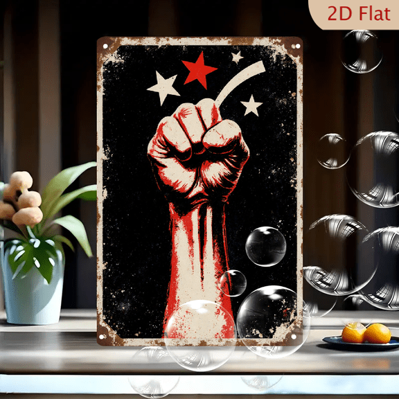 8x12 Inches Retro Propaganda Style Metal Wall Art Featuring Red Raised Fist, Three Stars and Distressed Vintage Texture for Living Room or Office Decor