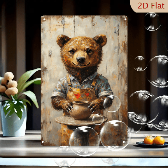 8x12 Inches Rustic Anthropomorphic Brown Bear Pottery Wall Art Metal Tin Sign, Impressionistic Style Cute Animal in Blue Shirt and Paint-Splattered Overalls Shaping Clay on Wheel for Home Decor
