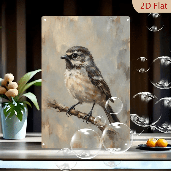 8x12 Inches Rustic Bird on Tree Branch Wall Art, Realistic Oil Painting of Fluffy Plump Bird with Creamy White Chest and Dark Brown Feathers on Gnarled Branch, Abstract Muted Beige Grey Taupe Backgro