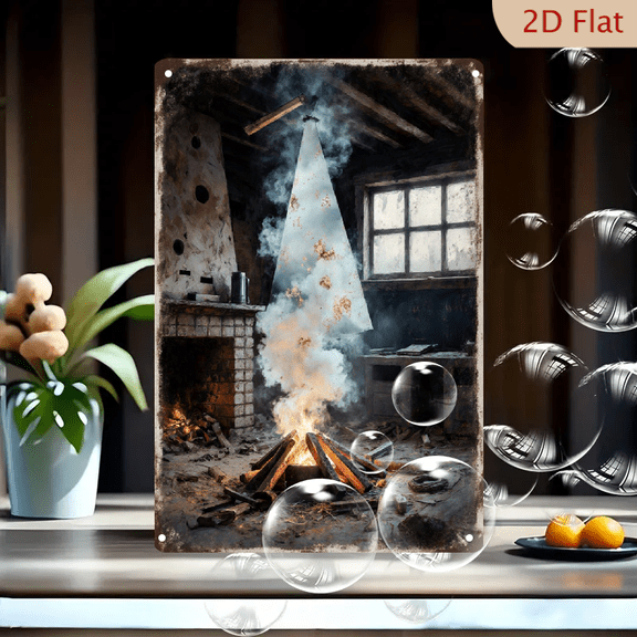 8x12 Inches Rustic Cabin Interior with Campfire and Starry Cone, Vintage Wood Beams Fireplace Wall Art Metal Tin Sign for Home Decor