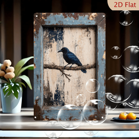 8x12 Inches Rustic Crow Art Print on Metal, Vintage Black Bird Perched on Dry Branch with Weathered Wood Background and Distressed Blue Frame, Farmhouse Wall Decor for Living Room