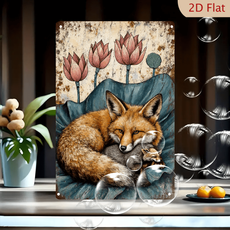 Rustic Fox Image 8x12 Inches Rustic Fox Art Print, Red Fox and Kit Sleeping on Teal Leaf ...
