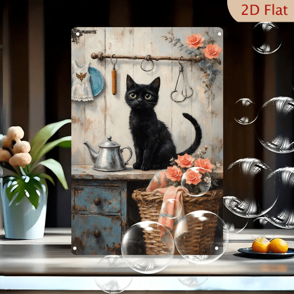 8x12 Inches Rustic Kitchen Wall Art Print Featuring Black Kitten on Blue Countertop with Teapot, Apron, and Peach Roses - Vintage Metal Tin Sign for Home Decor