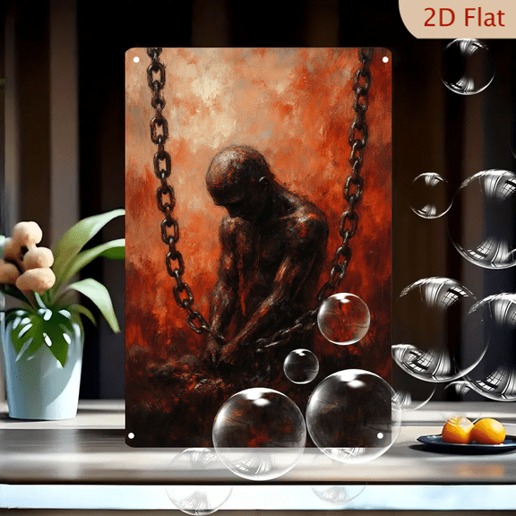 8x12 Inches Rustic Metal Wall Art, Dark Expressive Painting of Solitary Hunched Figure Between Rusted Chains, Fiery Red and Orange Hellish Background, Raw Emotional Intensity for Home Decor