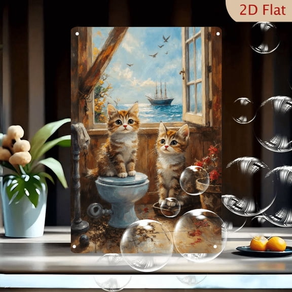 8x12 Inches Rustic Metal Wall Art, Whimsical Interior Scene with Two Adorable Kittens on Toilet and Stool, Wooden Walls, Open Window View of Sailing Ship and Seaside, Red Flower Plant, Cozy Painterly