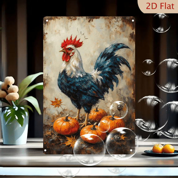 8x12 Inches Rustic Rooster and Pumpkins Wall Art, Vintage Metal Tin Sign with Autumn Leaves, Antique Farmhouse Decor for Kitchen or Barn
