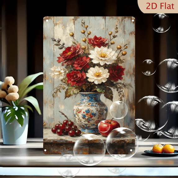 Rustic Metal Rose 8x12 Inches Rustic Still Life Wall Art Metal Tin Sign Featuring Blue ...