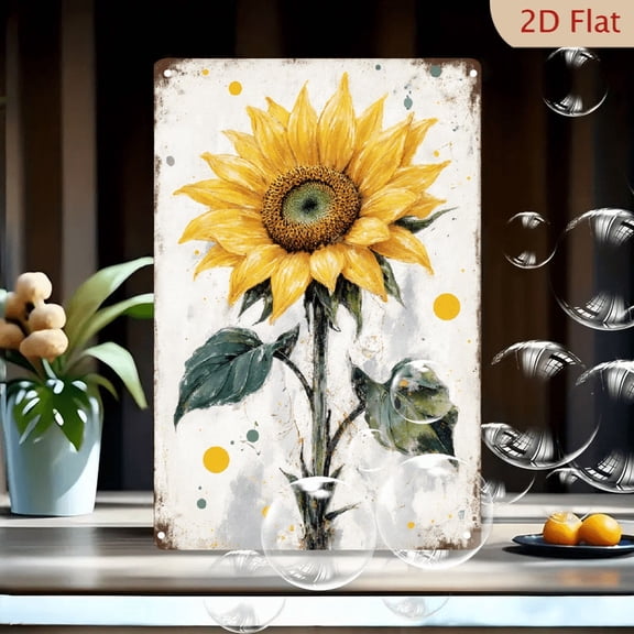 8x12 Inches Rustic Sunflower Metal Wall Art, Vibrant Painterly Yellow Flower on Distressed Background, Expressive Floral Decor for Living Room Kitchen