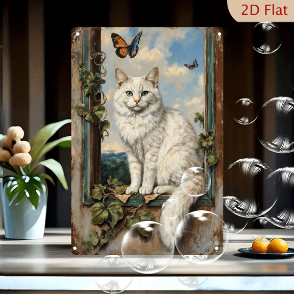 8x12 Inches Rustic Teal Window Frame Wall Art, Fluffy White Cat with Green Eyes on Weathered Sill, Lush Ivy, Butterflies, Rolling Hills, Serene Nostalgic Metal Tin Sign for Home Decor