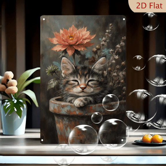 8x12 Inches Rustic Terracotta Pot with Sleeping Tabby Kitten and Salmon Pink Flowers, Detailed Oil Painting Style Wall Art for Living Room Decor
