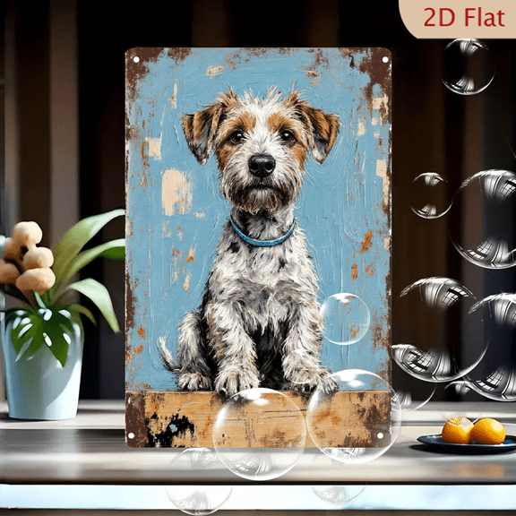 8x12 Inches Rustic Terrier Dog Painting on Metal Wall Art, Wiry Coat with Blue Collar, Weathered Light Blue Background, Impasto Style Home Decor for Living Room