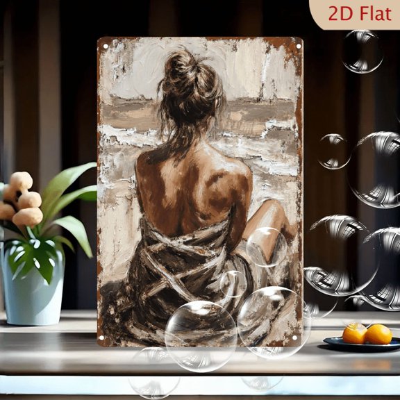 8x12 Inches Rustic Textured Metal Wall Art, Impressionist Back View of Woman on Beach with Messy Bun Towel, Moody Seascape Ocean Waves, Aged Weathered Look for Living Room Decor