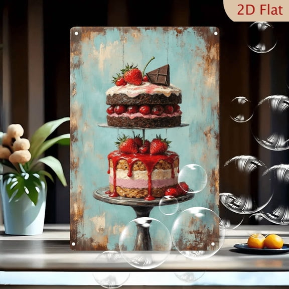 8x12 Inches Rustic Vertical Painterly Art Print of Two-Tiered Dessert Stand with Chocolate and Strawberry Cakes on Distressed Turquoise Wood Metal Wall Decor for Kitchen or Bakery