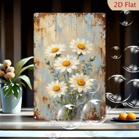8x12 Inches Rustic White Daisies Painting with Yellow Centers, Blue Fillers & Greenery on Weathered Wood Background, Vintage Farmhouse Wall Art for Living Room, Kitchen, Bedroom Decor