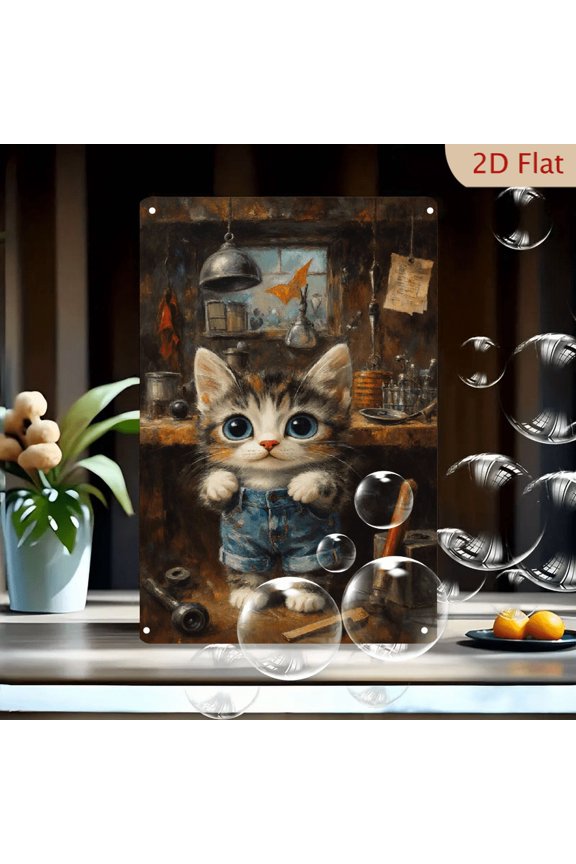 8x12 Inches Rustic Workshop Cat Art, Painterly Anthropomorphic Kitten in Denim Overalls with Vintage Alchemy Lab Background, Cozy Earthy Tones Wall Decor