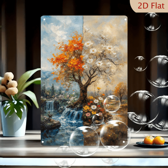 8x12 Inches Seasonal Split Tree Oil Painting Wall Art, Impressionistic Fantasy Landscape with Autumn Orange and Spring White Blossoms on Metal Tin Canvas Print for Living Room Decor