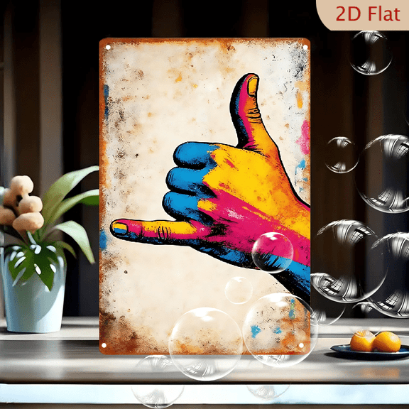 8x12 Inches Shaka Hand Pop Art Metal Wall Decor, Vintage Distressed Blue Yellow Pink Surf Sign, Hawaiian Hang Loose Graphic Print for Home Office Living Room