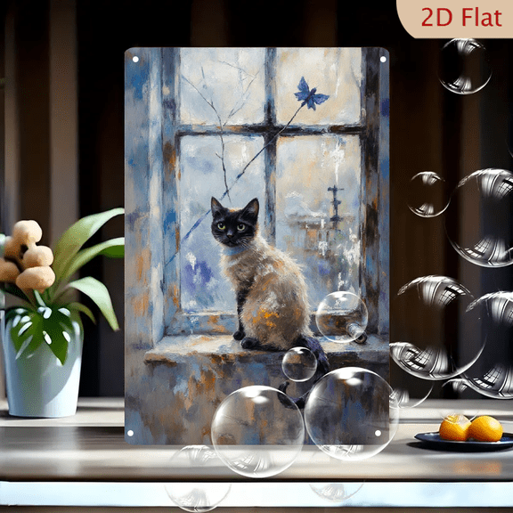 8x12 Inches Siamese Cat on Windowsill Impressionist Metal Wall Art, Blue Butterfly & Twilight Scene, Modern Home Decor for Living Room