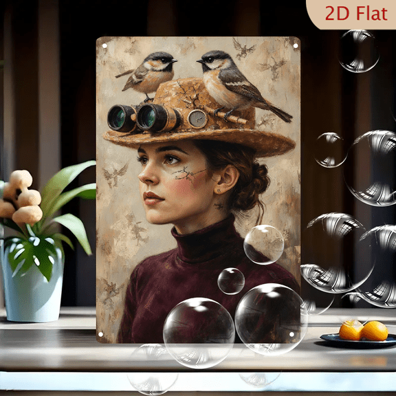8x12 Inches Steampunk Woman Portrait Metal Wall Art, Vintage Girl with Brown Hat, Goggles & Birds on Burgundy Turtleneck, Chic Decor for Home Office