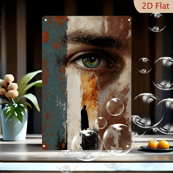 8x12 Inches Surreal Metal Wall Art Print, Extreme Close-Up Eye with Rusted Tear Silhouette, Abstract Gritty Apocalyptic Portrait for Modern Home Decor