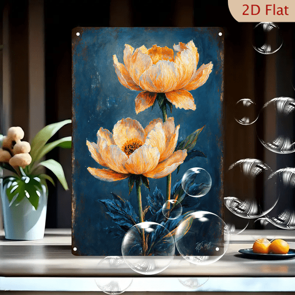 8x12 Inches Vertical Peony Flower Wall Art, Lush Peach Cream Blooms on Deep Navy Blue Background, Textured Oil Painting Style Metal Tin Sign for Home Decor