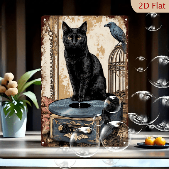 8x12 Inches Vintage Black Cat on Gramophone Wall Art, Surreal Blue Jay & Birdcage Decor with Peeling Wallpaper Background, Rustic Autumn Metal Tin Sign for Home Office Living Room