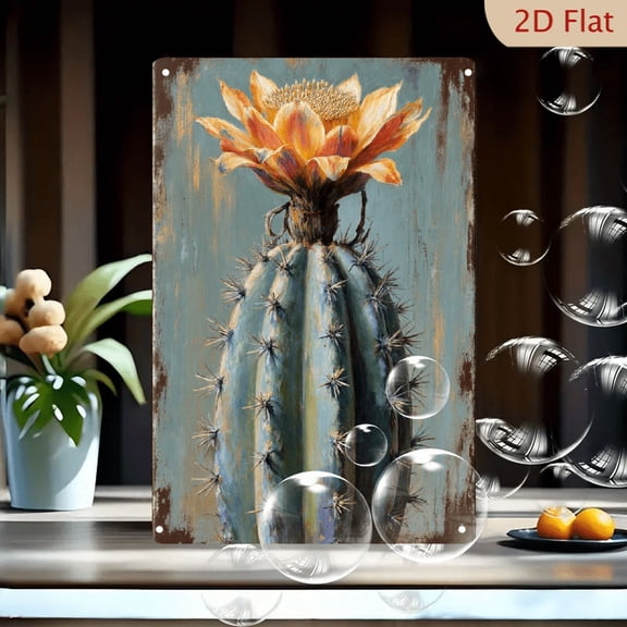 8x12 Inches Vintage Cactus Flower Wall Art, Rustic Distressed Metal Tin Sign with Blue-Green Columnar Cactus and Vibrant Orange Yellow Pink Bloom, Impressionist Desert Decor for Home Living Room Kitc