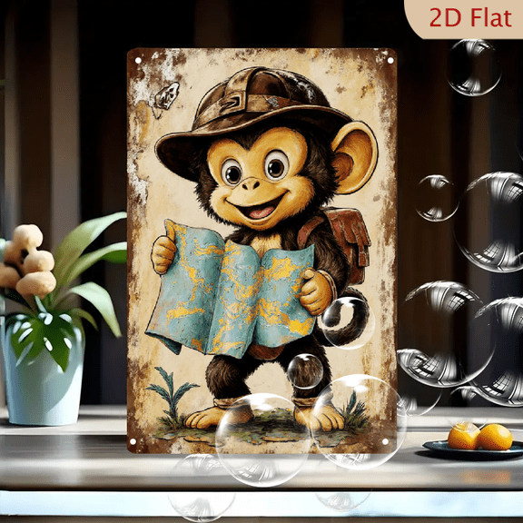 8x12 Inches Vintage Cartoon Monkey Explorer with Map and Backpack, Rustic Grunge Adventure Wall Art Metal Tin Sign for Home Decor
