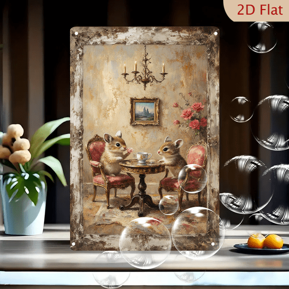 8x12 Inches Vintage Chipmunk Tea Party Wall Art, Painterly Anthropomorphic Squirrels with Roses in Elegant Room, Classic European Style Metal Tin Sign for Home Decor