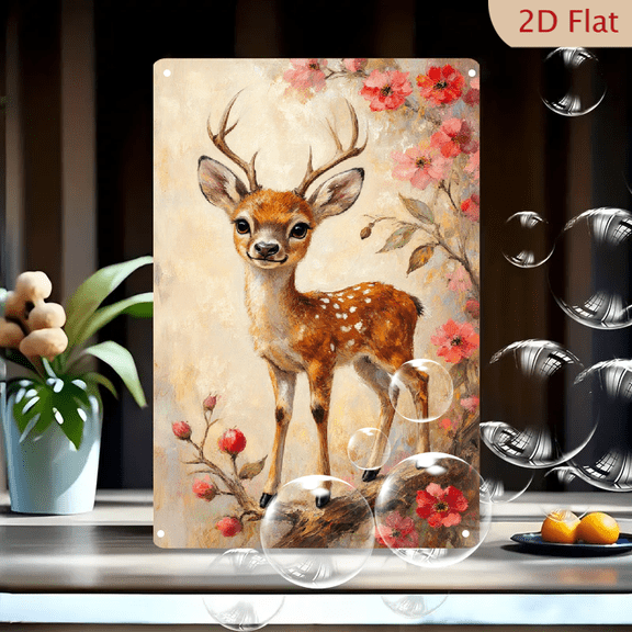 8x12 Inches Vintage Deer Wall Art, Painterly Fawn with Cherry Blossoms on Tree Branch, Warm Cream Background, Romantic Cottage Core Decor for Living Room Bedroom