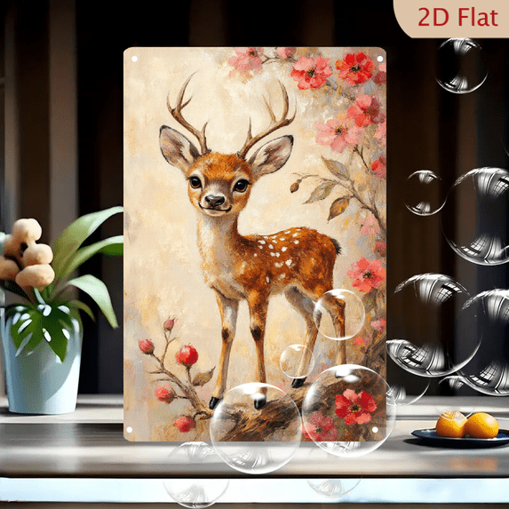 8x12 Inches Vintage Deer Wall Art, Painterly Fawn with Cherry Blossoms on Tree Branch, Warm Cream Background, Romantic Cottage Core Decor for Living Room Bedroom