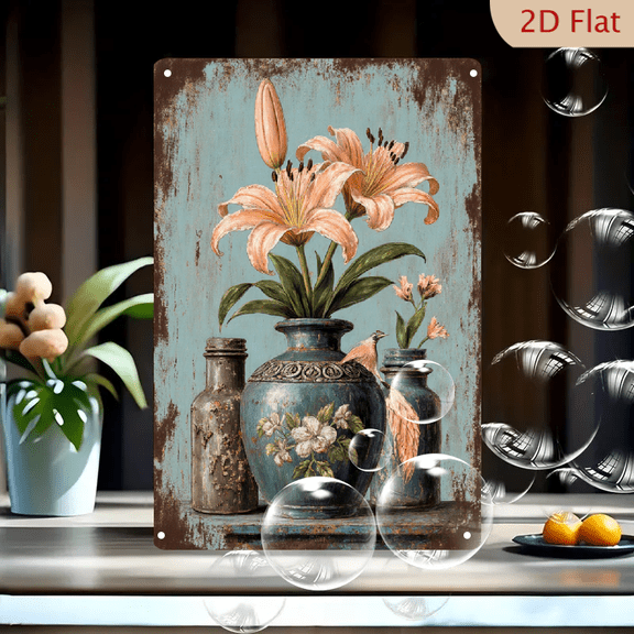 8x12 Inches Vintage Floral Still Life Wall Art Print, Rustic Blue Ceramic Vase with Peach Lilies and Bird on Weathered Turquoise Background, Decorative Metal Tin Sign for Home Office