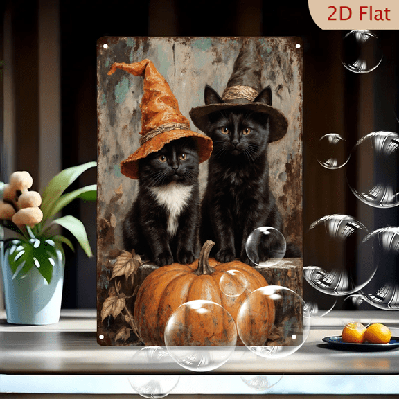 8x12 Inches Vintage Halloween Cats in Witch Hats Wall Art, Black Kittens with Orange Pumpkin on Rustic Stone Ledge, Retro Feline Portrait Metal Tin Sign for Home Decor