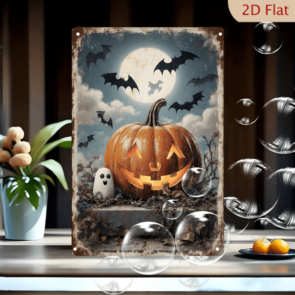 8x12 Inches Vintage Halloween Grunge Tin Metal Wall Art Print, Glowing Jack-O-Lantern with Cute Ghost, Full Moon Bats Witch Silhouette on Stone Ledge, Rustic Autumn Decor for Home Party