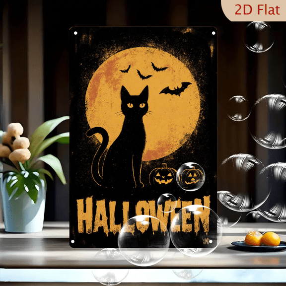 8x12 Inches Vintage Halloween Metal Wall Art, Spooky Black Cat with Glowing Eyes, Full Moon & Bats Silhouette, Dripping Jack-O-Lanterns Retro Horror Decor for Home Office