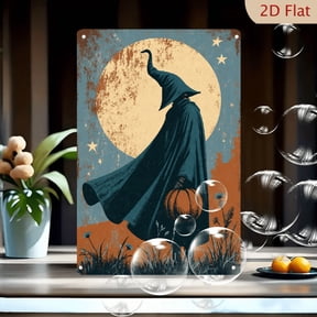 8x12 Inches Vintage Halloween Tin Metal Wall Art, Mystical Hooded Wizard Silhouette with Glowing Jack-O-Lantern Against Full Moon, Retro Distressed Poster Style for Autumn Home Decor