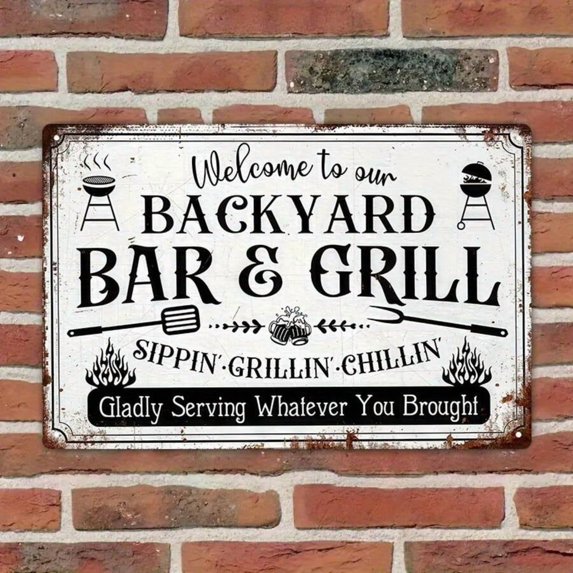 8x12 Inches Vintage Metal Sign, Backyard Bar & Grill, Rustic BBQ Decor Weatherproof, Perfect For Outdoor Spaces, Patios, Or BBQ Areas, Barbecue Decor, BBQ Party Sign, Outdoor Cooking Art