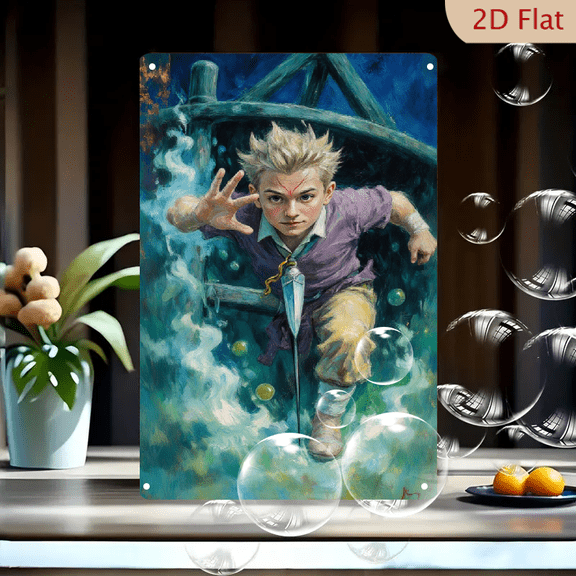 8x12 Inches Vintage Metal Wall Art, Dynamic Boy Casting Magic Spell with Red Forehead Marking, Purple Vest and Yellow Pants, Swirling Blue Green Vortex Background, Rustic Ship Wheel Decor for Home Of
