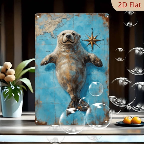 8x12 Inches Vintage Nautical Map Wall Art Featuring Friendly Anthropomorphic Walrus on Rustic Blue Chart with Golden Compass Rose, Whimsical Marine Exploration Metal Tin Sign for Home Decor
