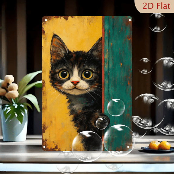 8x12 Inches Vintage Oil Painting Kitten Peeking Weathered Teal Door, Rustic Wall Art Decor with Curious Black Orange White Cat and Yellow Background