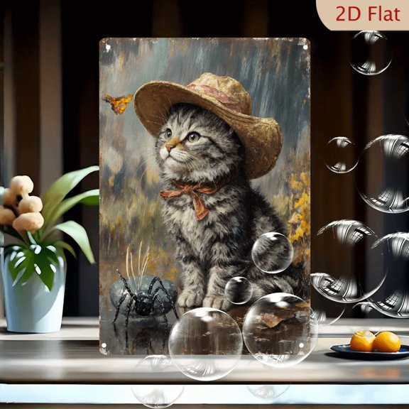 8x12 Inches Vintage Oil Painting Wall Art, Whimsical Grey Tabby Kitten in Straw Hat with Spider and Butterfly, Rustic Mud Scene, Classical Style Decor for Living Room