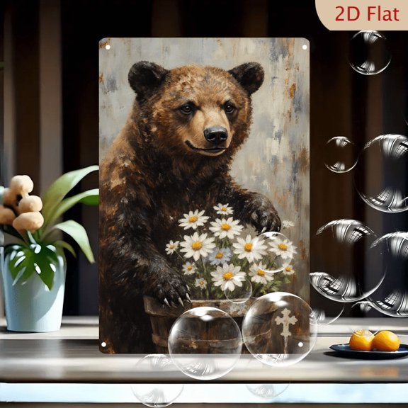 8x12 Inches Vintage Rustic Brown Bear Holding Daisies in Wooden Bucket Wall Art, Whimsical Painterly Metal Print with Weathered Background for Home Decor