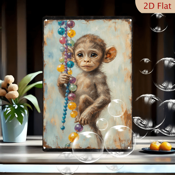 8x12 Inches Vintage Rustic Metal Wall Art, Painterly Baby Monkey with Colorful Beads, Whimsical Cute Animal Decor for Nursery, Living Room, Home Office, Soft Light Brown Fur and Expressive Eyes