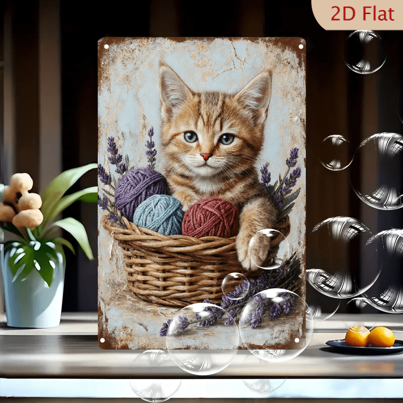 8x12 Inches Vintage Rustic Wicker Basket Kitten with Lavender and Yarn ...