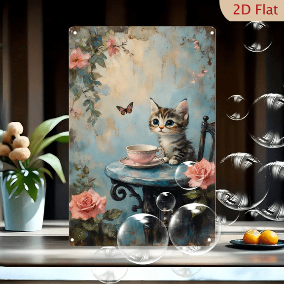 8x12 Inches Vintage Tabby Kitten Tea Time Wall Art, Adorable Cat with Blue Eyes at Garden Table, Pink Roses and Butterfly, Painterly Storybook Style Metal Tin Sign for Nursery Decor