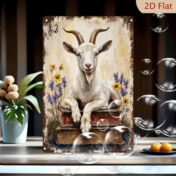8x12 Inches Vintage White Goat Resting on Books with Wildflowers, Rustic Painterly Wall Art Metal Tin Sign, Antique Parchment Style Decor for Home Office Farmhouse