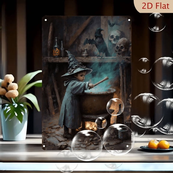 8x12 Inches Wizard Child Stirring Potion in Rustic Cellar Fantasy Wall Art Metal Tin Sign, Dark Magic Scene with Crow and Skulls for Home Decor