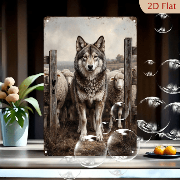 8x12 Inches Wolf and Sheep Farm Scene Oil Painting Wall Art, Detailed Painterly Illustration of Grey Wolf Flanked by Sheep with Wooden Fence, Muted Earthy Tones for Rustic Home Decor