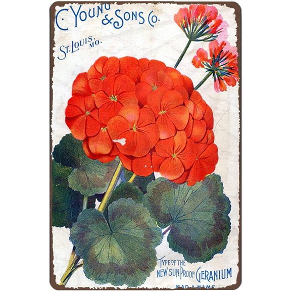 8x12 Metal Tin Sign Vintage Red Geranium Floral Wall Art Plaque for Kitchen Garden Home Decor